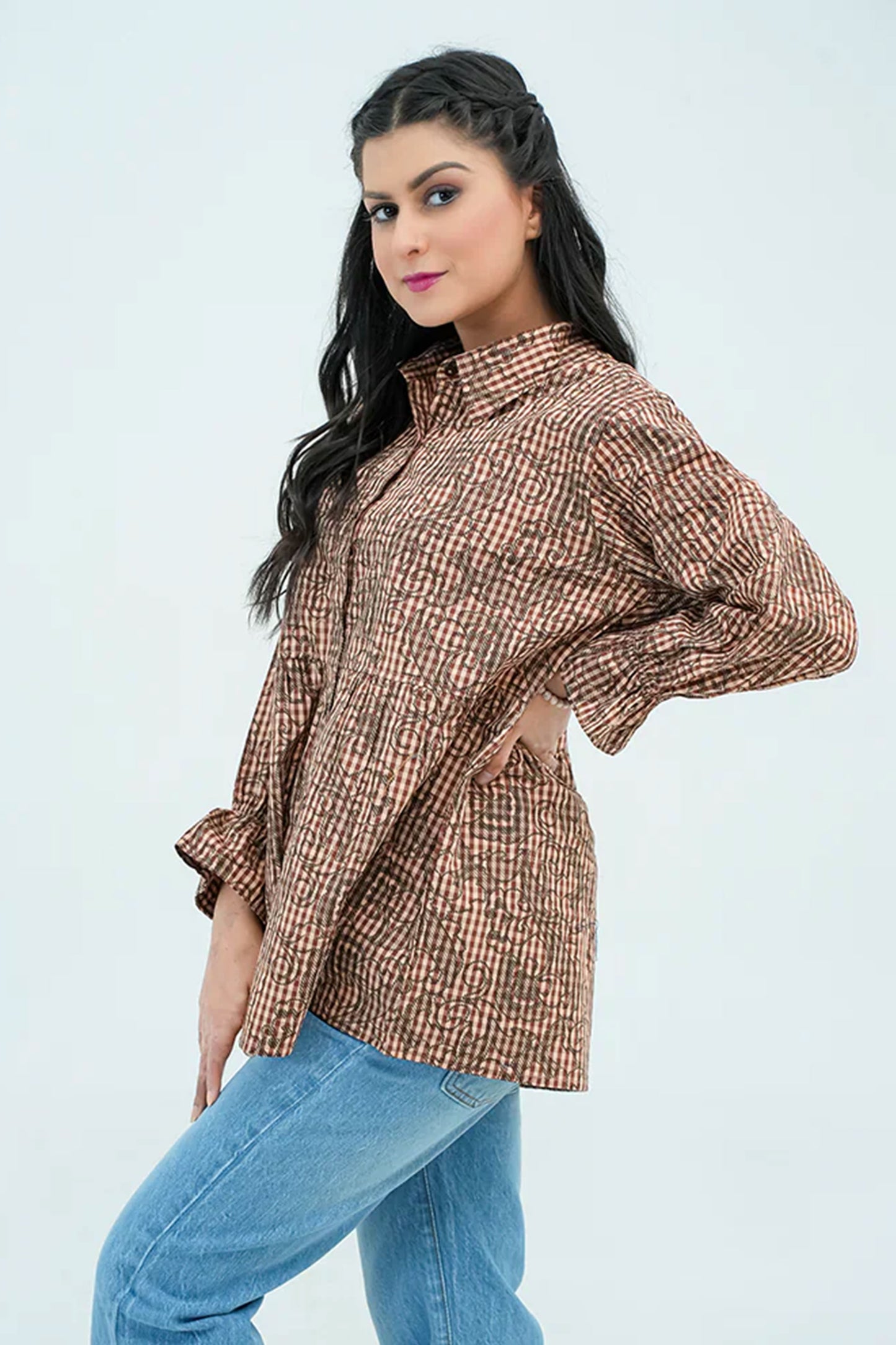 Women Checkered Printed Shirt – Brown