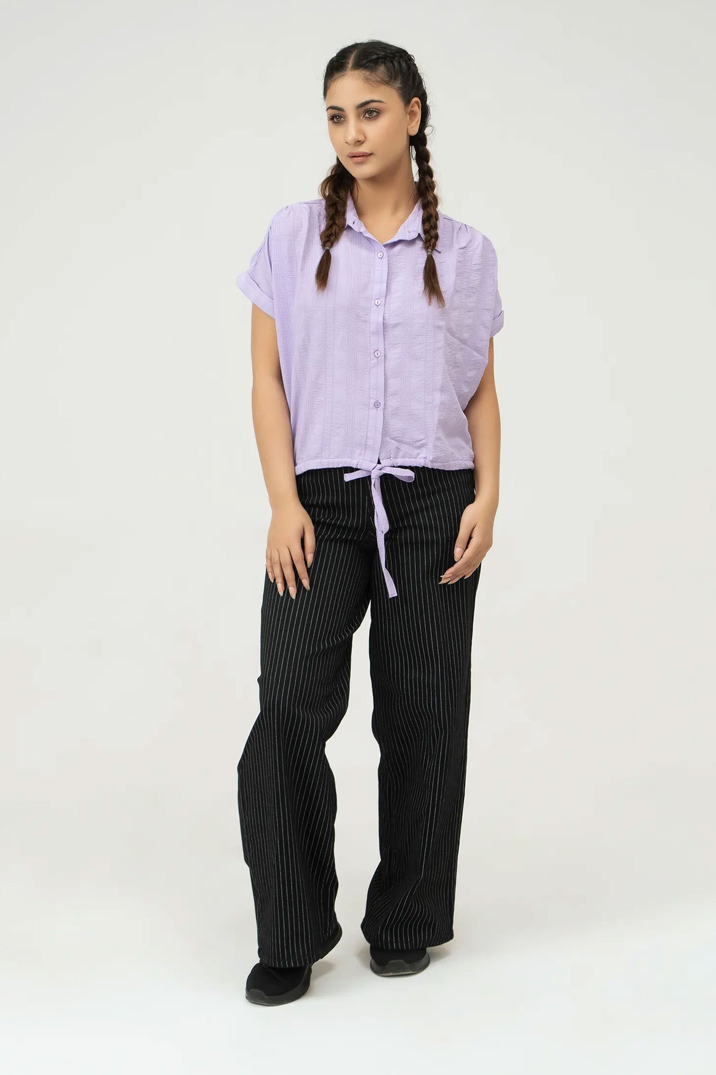 Women Drawstring Hem Poplin Super Cropped Shirt - Purple