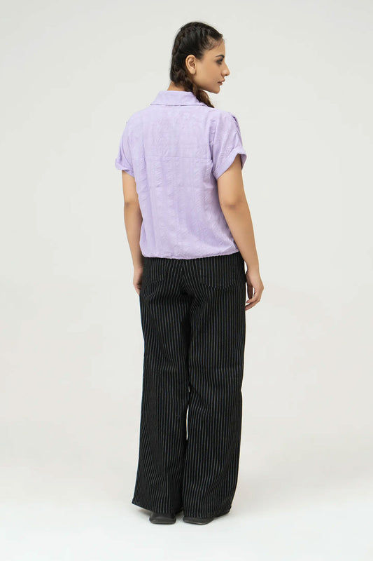 Women Drawstring Hem Poplin Super Cropped Shirt - Purple