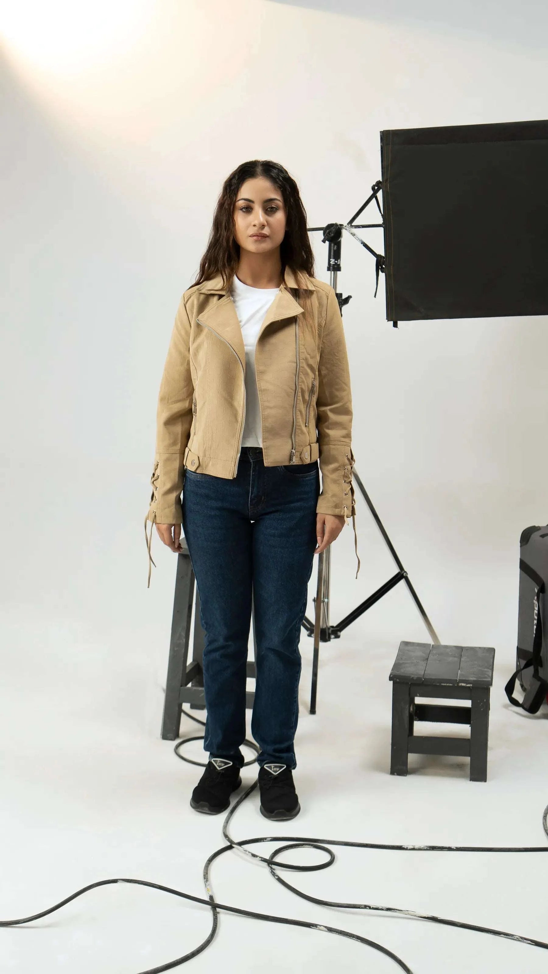 Women Fur Leather Jacket - Beige - Harwage