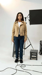 Women Fur Leather Jacket - Beige