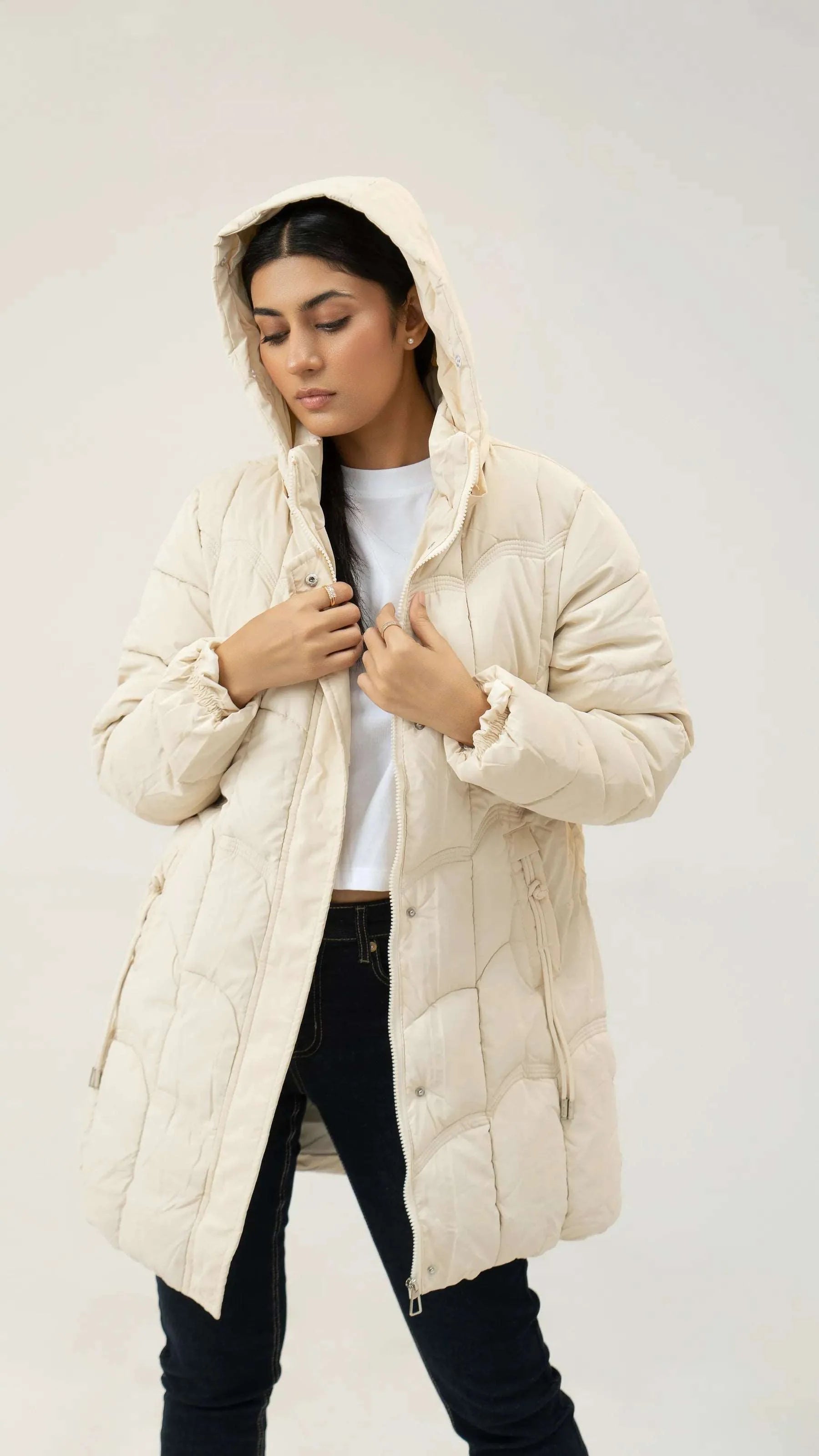 Women Puffer Parachute Jacket - Cream - Harwage
