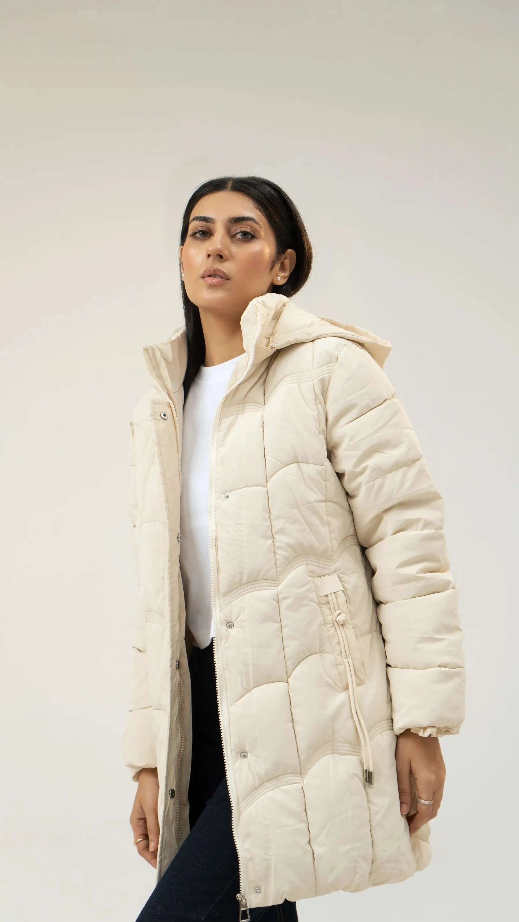 Women Puffer Parachute Jacket - Cream - Harwage