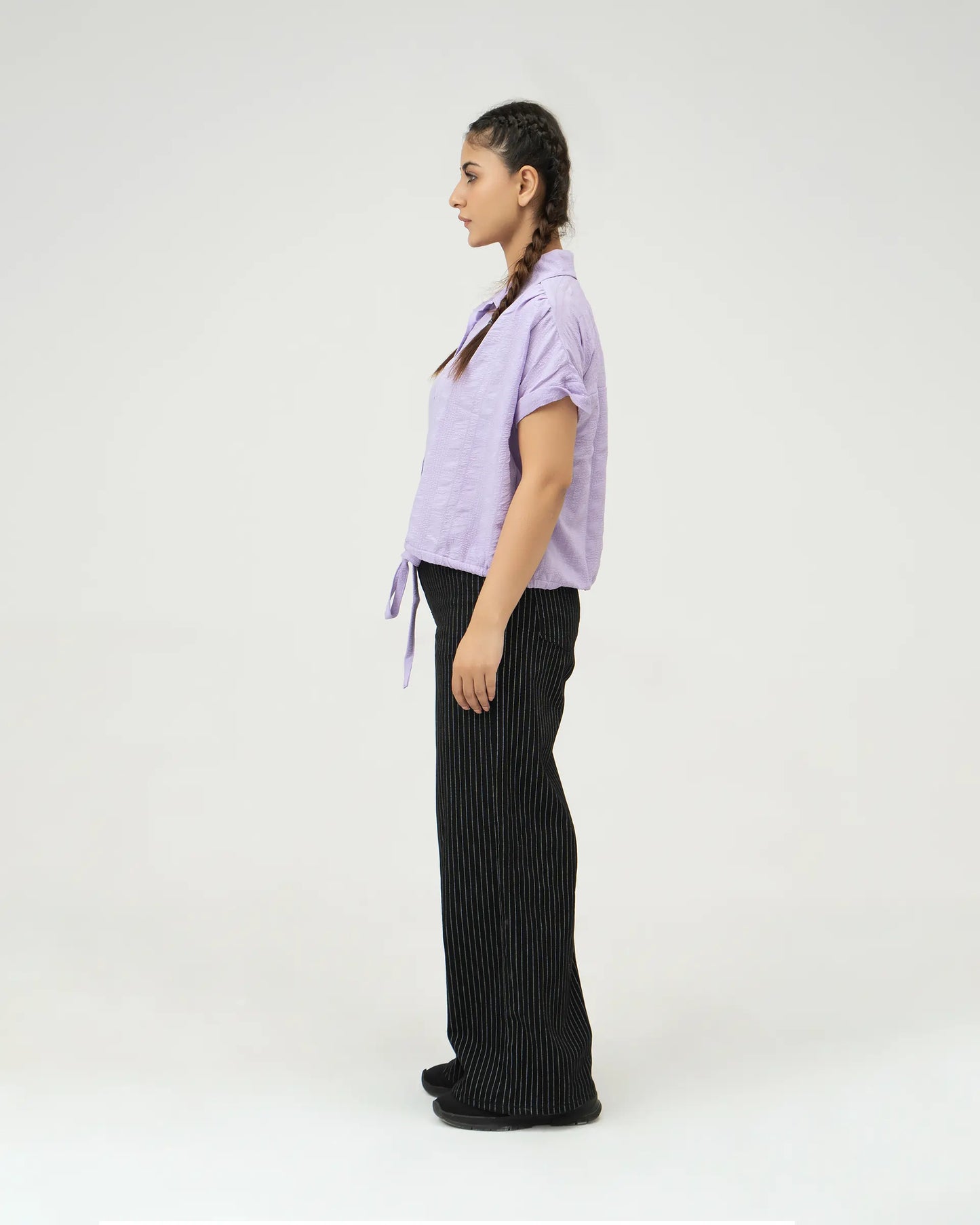 Women Drawstring Hem Poplin Super Cropped Shirt - Purple