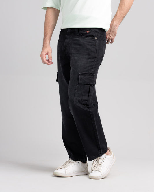 Men Loose Fit Cargo Denim Jeans - Charcoal