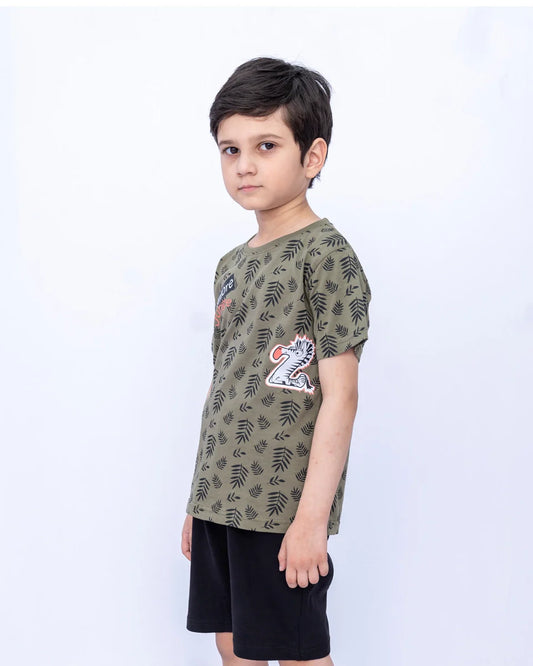 Kids Graphic Printed Co-ords Set – Deep Lichen Green