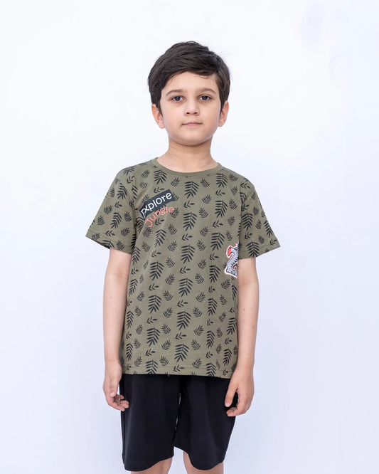 Kids Graphic Printed Co-ords Set – Deep Lichen Green