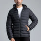 Action pose wearing a Black Men’s Puffer Jacket with relaxed fit