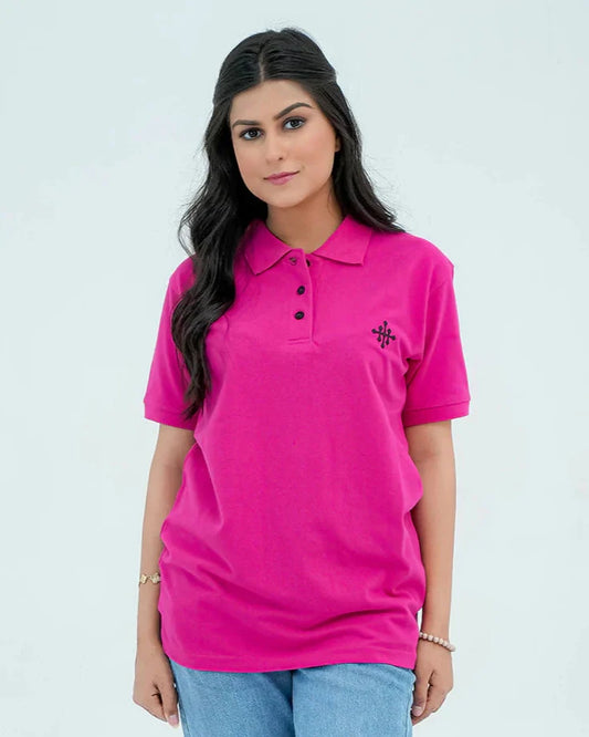 Women Basic Polo Shirt - Pink - Harwage