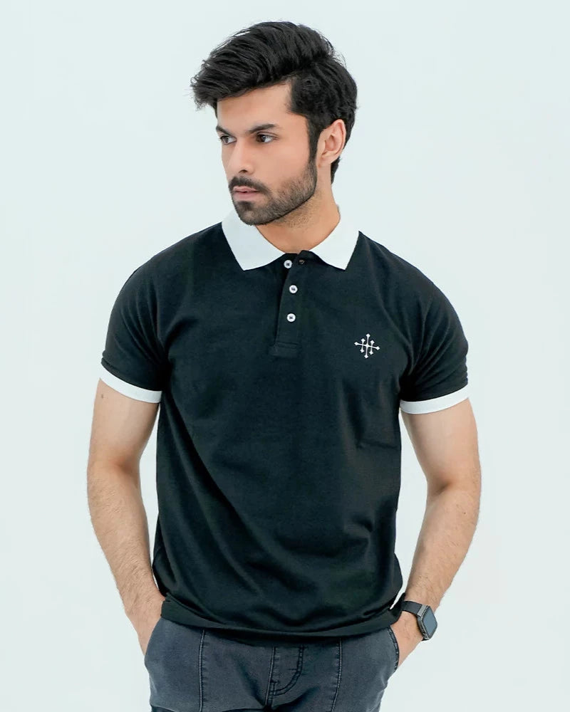 Men Polo Shirt with Contrast Trims - Jet Black