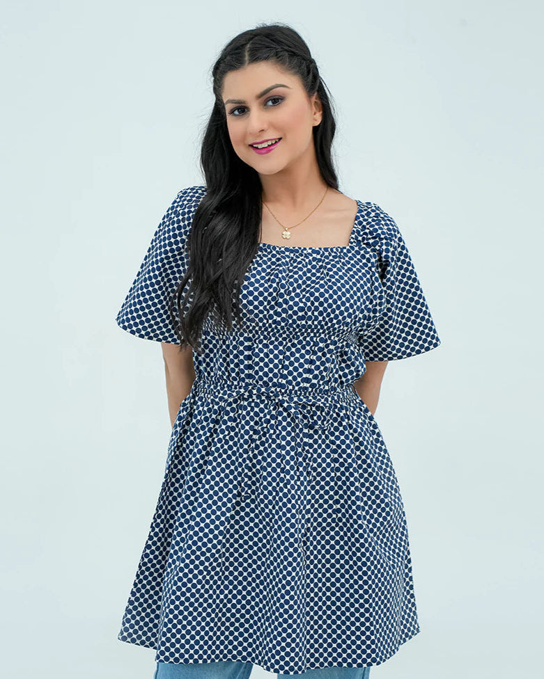 Women's Polka Dot Short Frock Shirt – Blue/White