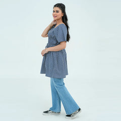 Women Polka Dot Short Frock Shirt – Blue/White