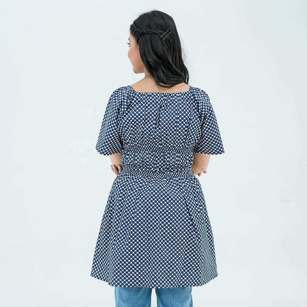 Women Polka Dot Short Frock Shirt – Blue/White - Harwage