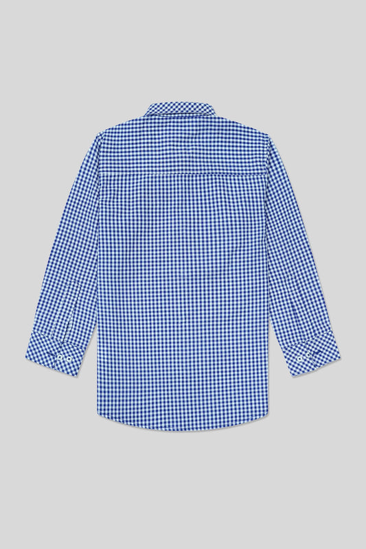 Back View of a Blue checkered shirt 