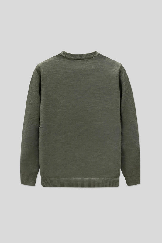 Back flat view of wool cardigan olive on neutral background