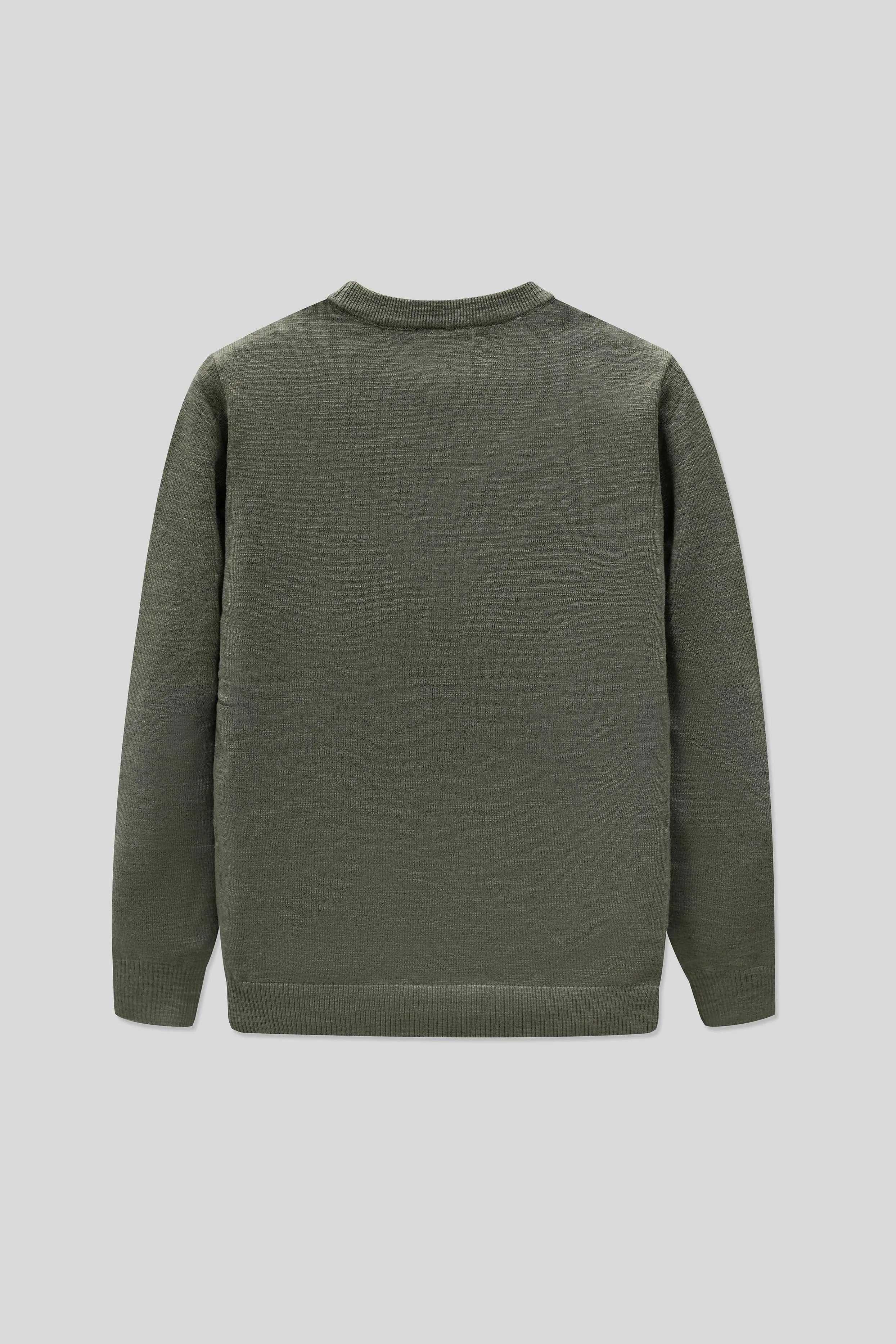 Back flat view of wool cardigan olive on neutral background