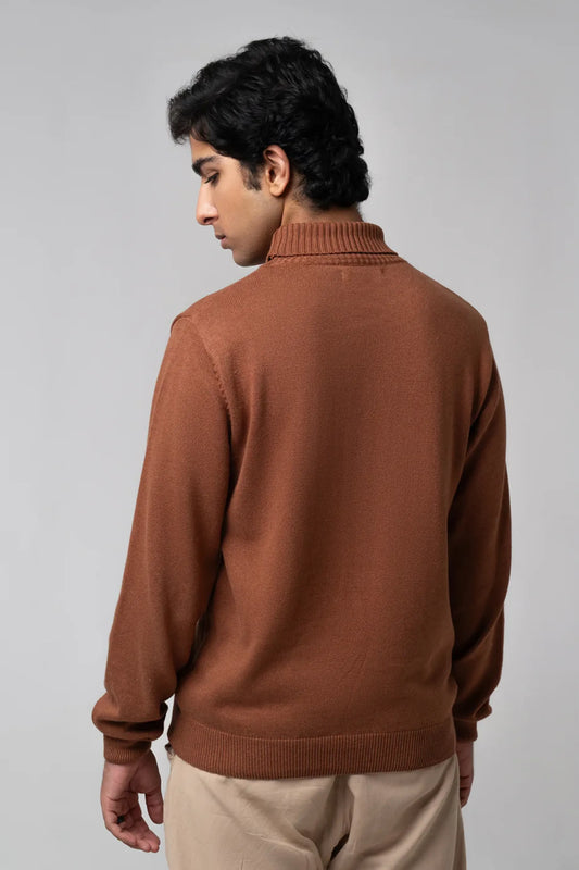 Back standing view of Turtle Neck Sweater Brown showing smooth knit