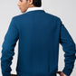 Back standing view of crew neck sweater navy from behind