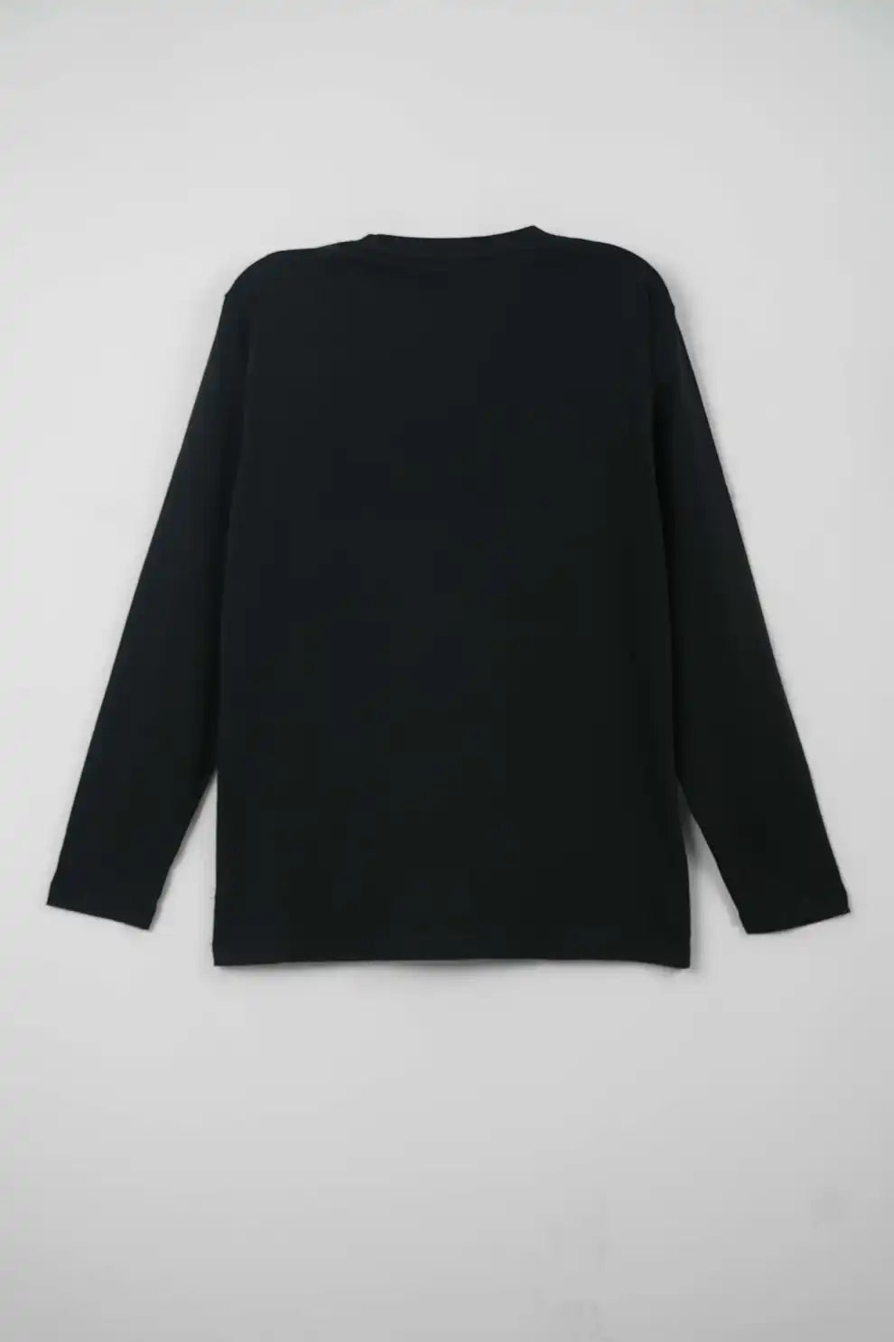 Back view of a black sweater on a light gray background