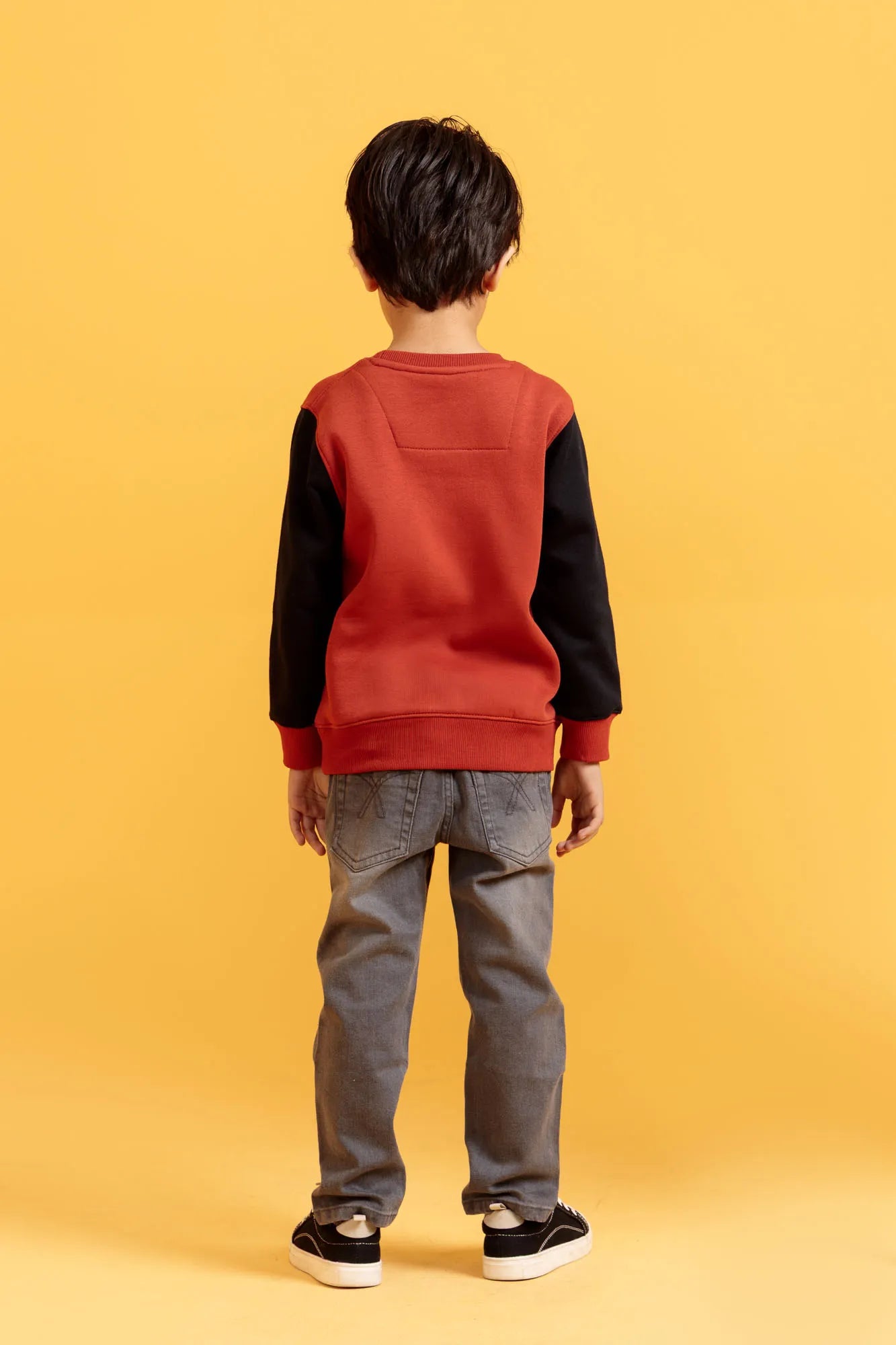Back view of a little boy's orange rust sweatshirt with full sleeves