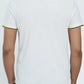 Back view of a white polo shirt with black and yellow trim 
