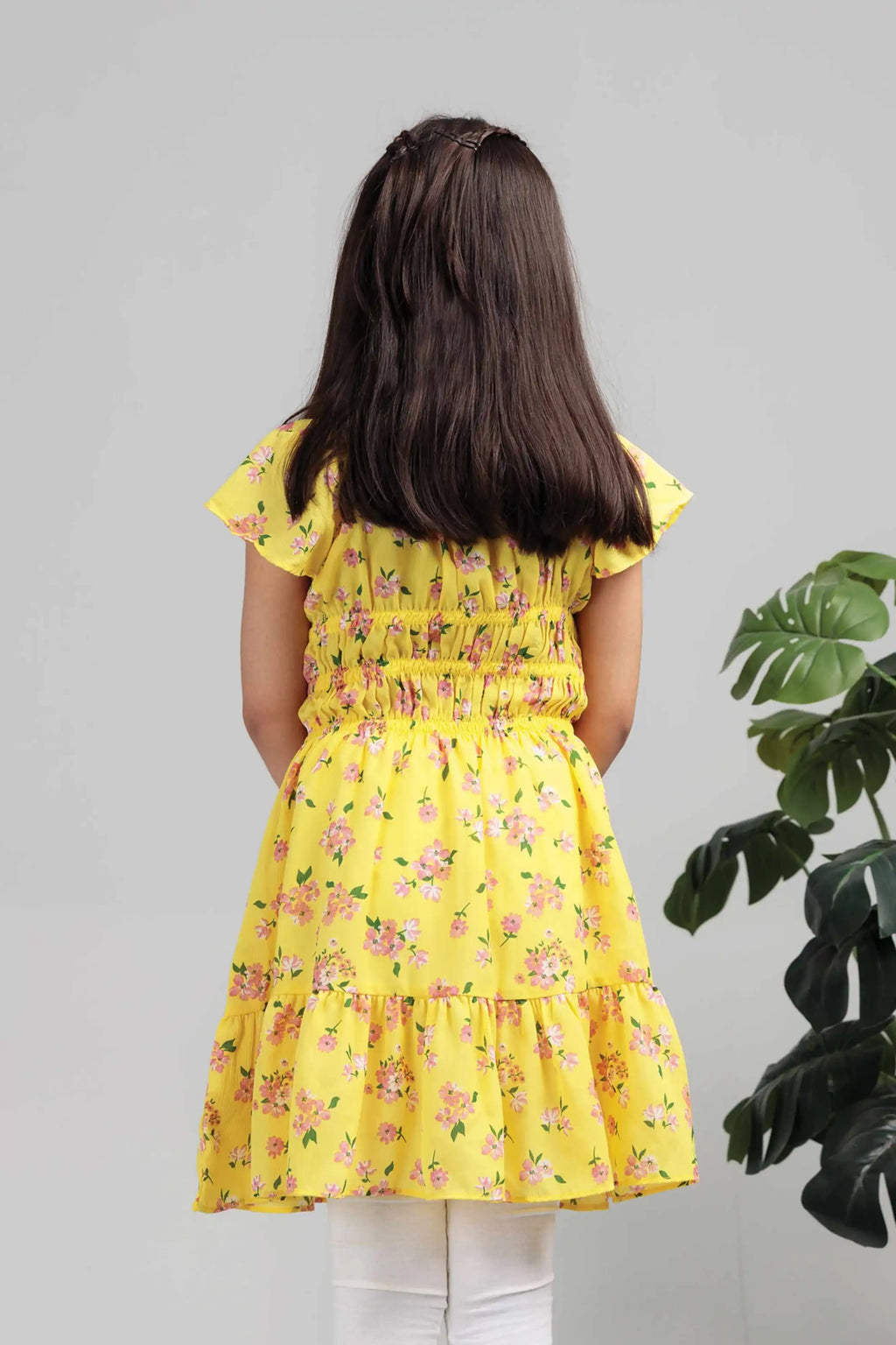 Back view of a yellow cotton blend long dress