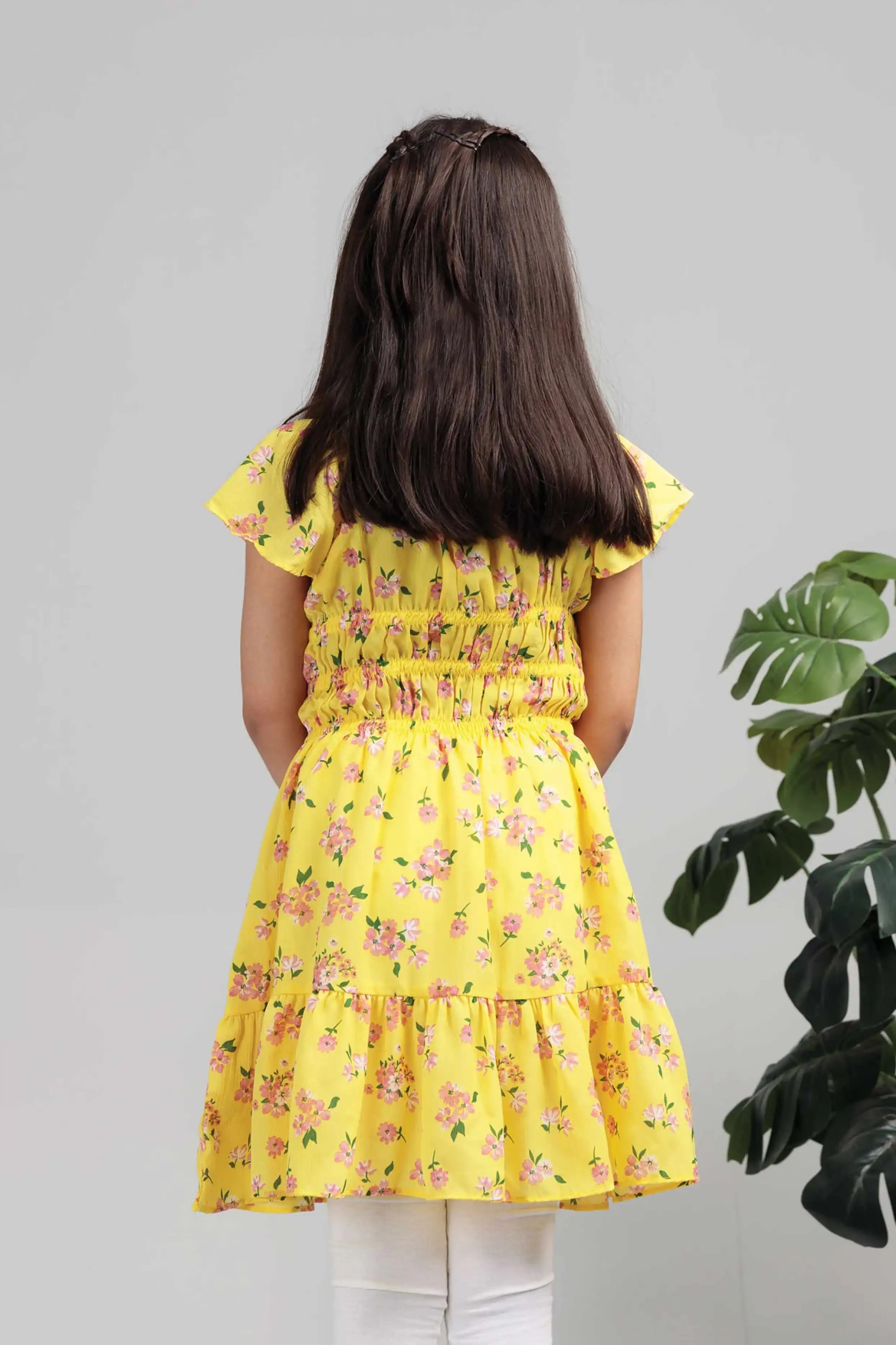 Back view of a yellow cotton blend long dress