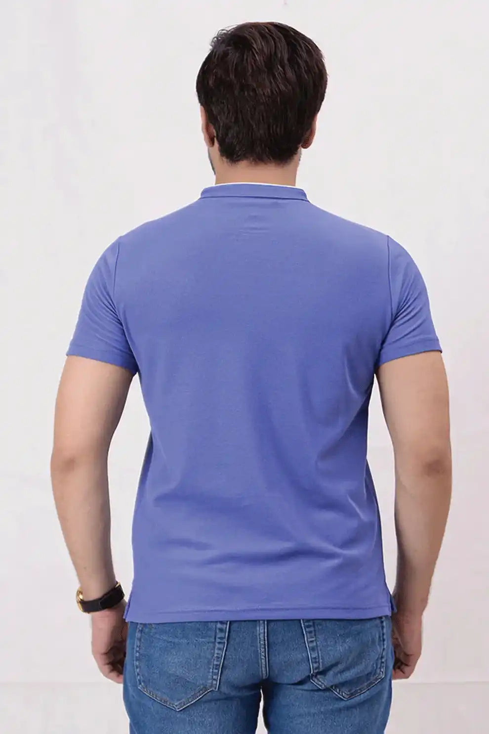 Back view of band neck polo shirt
