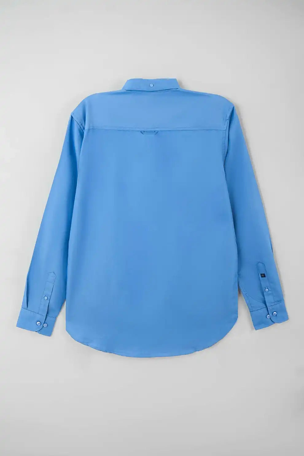 Back view of blue long-sleeve shirt