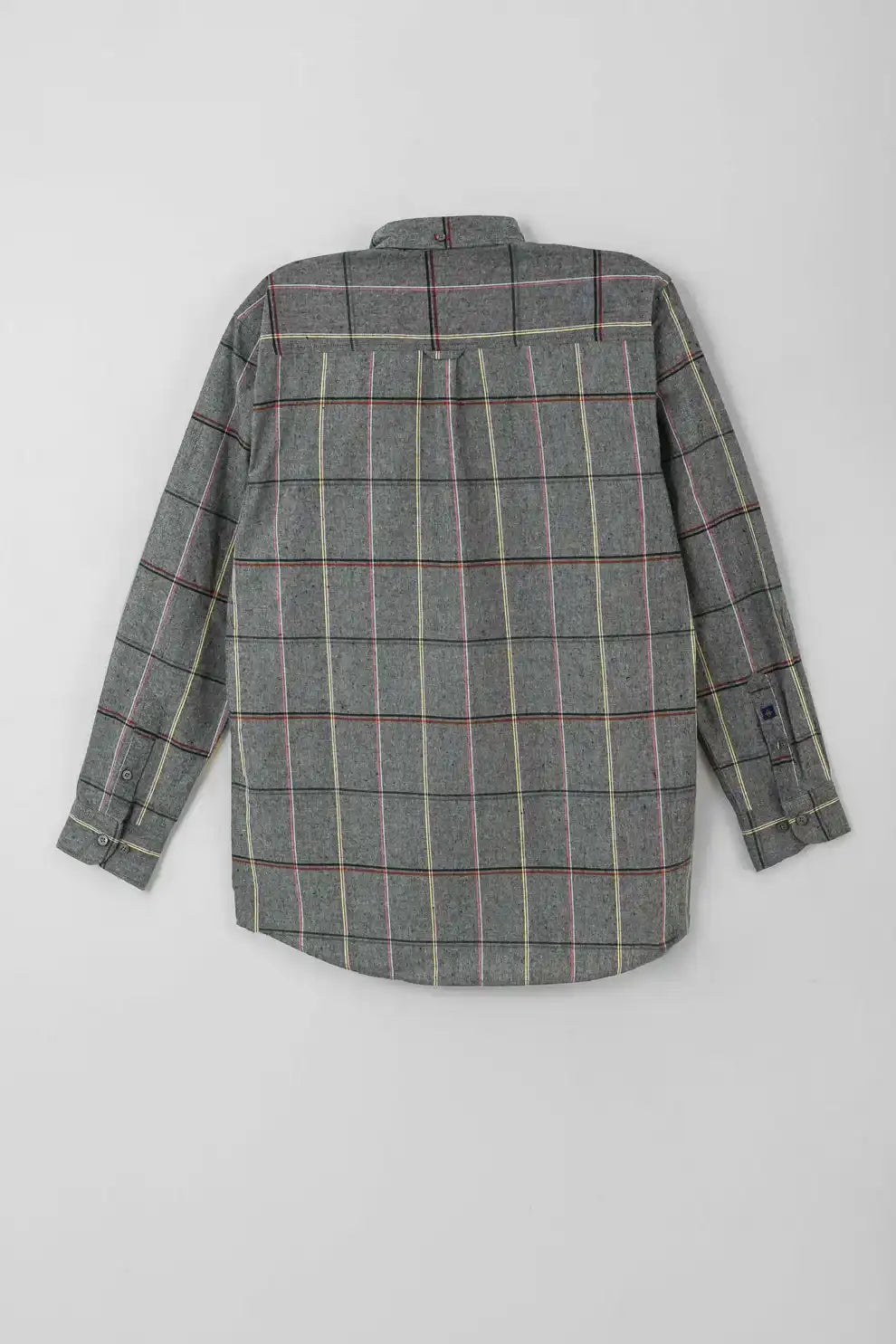 Back view of gray plaid long sleeve shirt