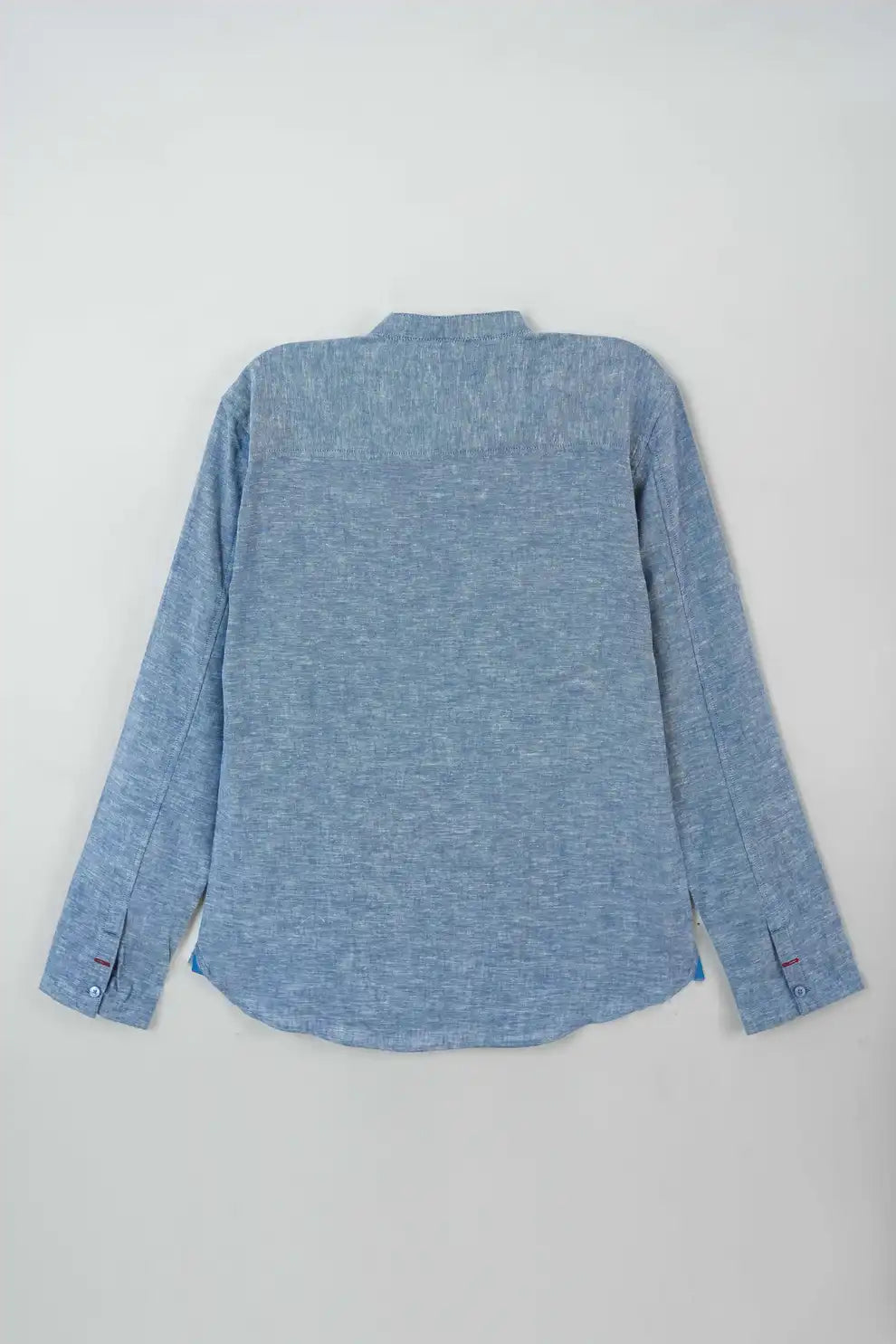 Back view of light blue long-sleeve shirt