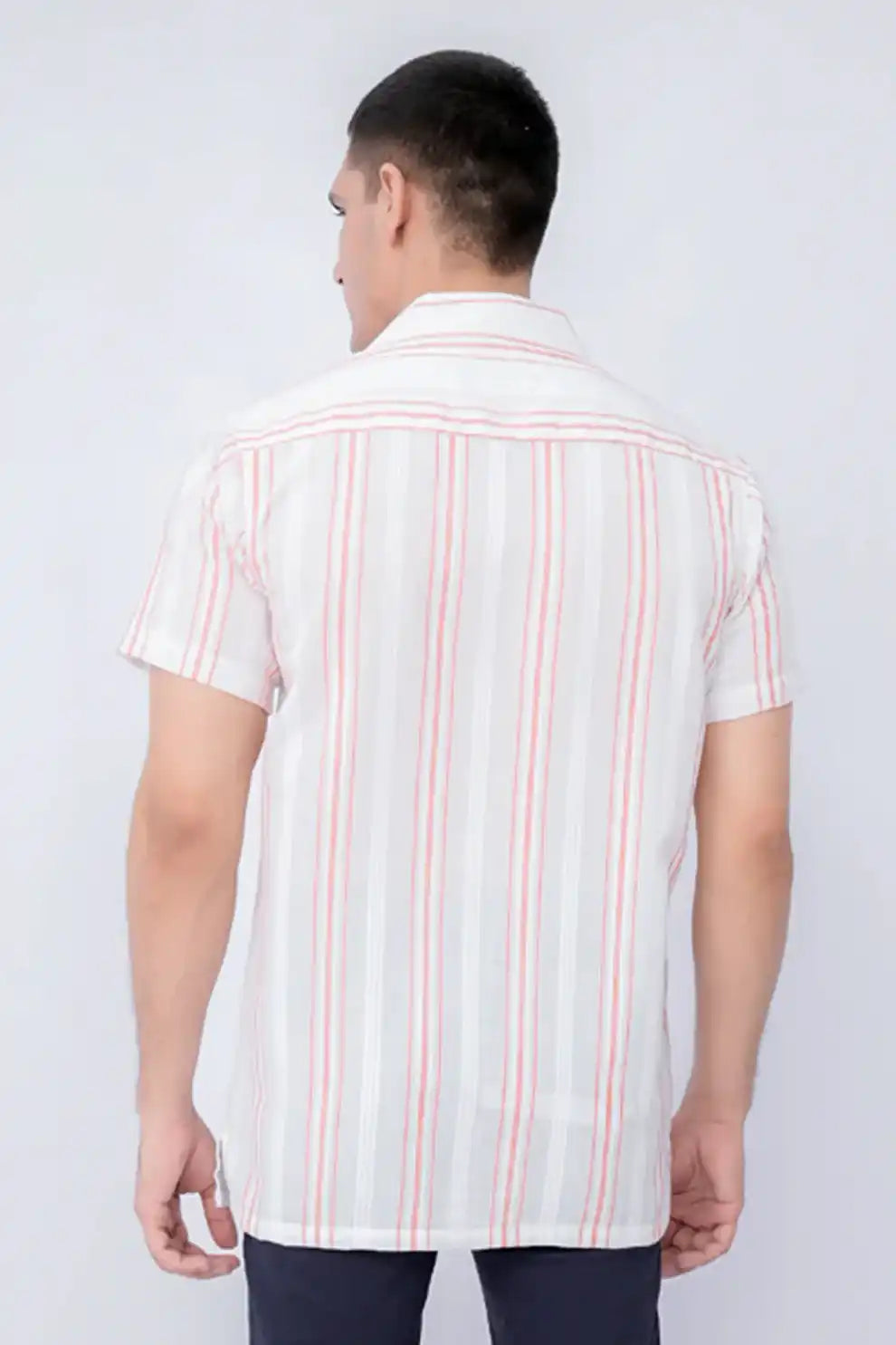 Back view of men’s short sleeve striped shirt