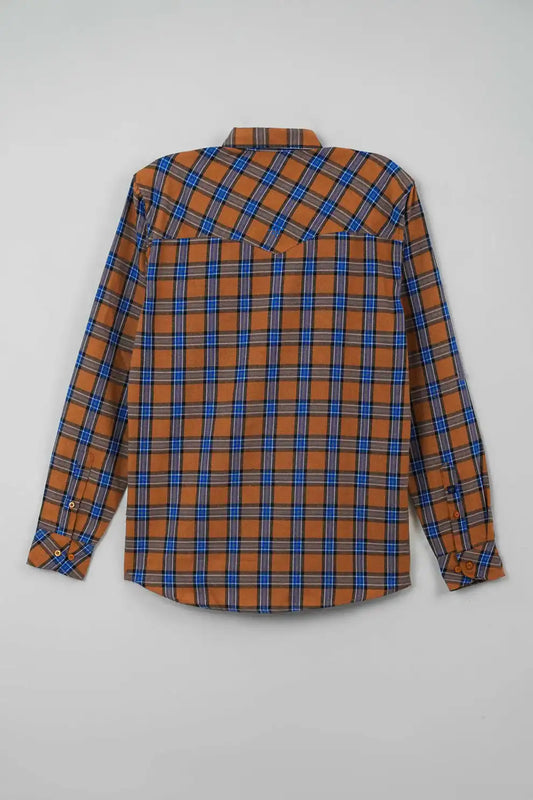 Back view of shirt with brown and blue pattern