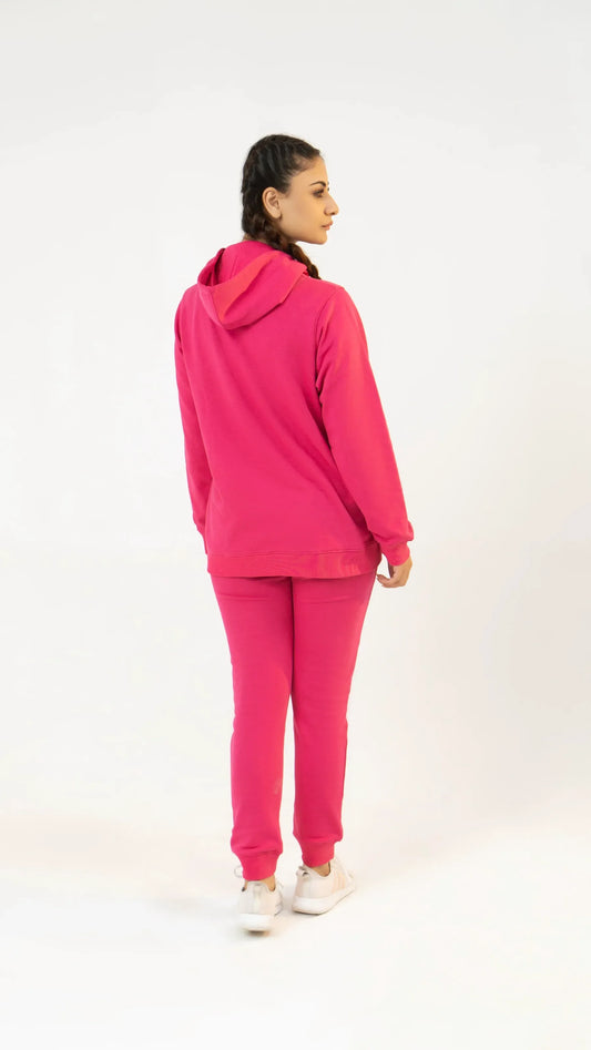 Back view of women’s fuchsia pink regular tracksuit