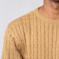 Close-up of beige crew neck cable knit sweater texture