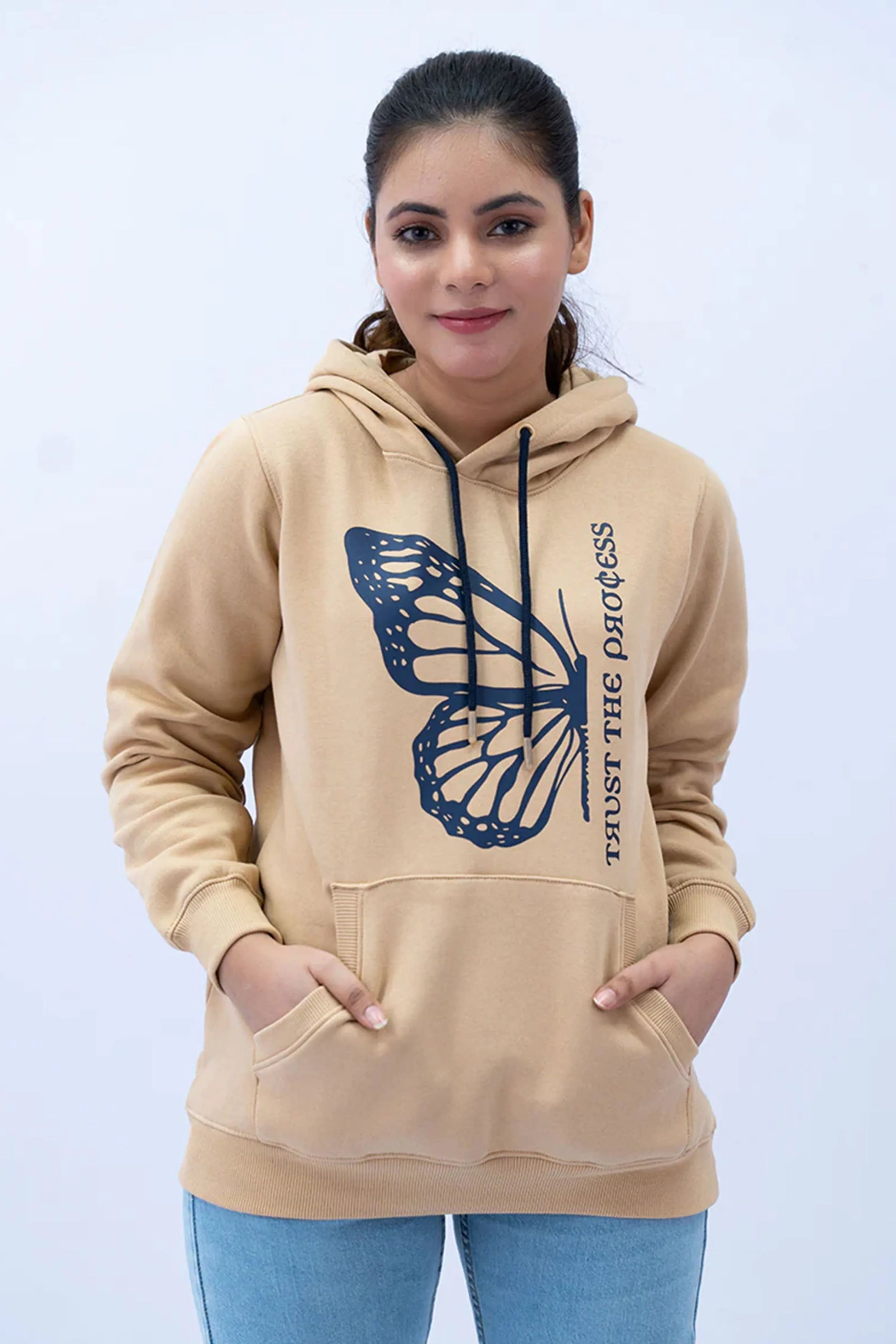 Beige Hoodie with a bold graphic print styled for everyday casual looks