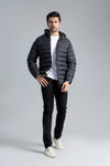 Black Men’s Puffer Jacket styled with a full casual outfit