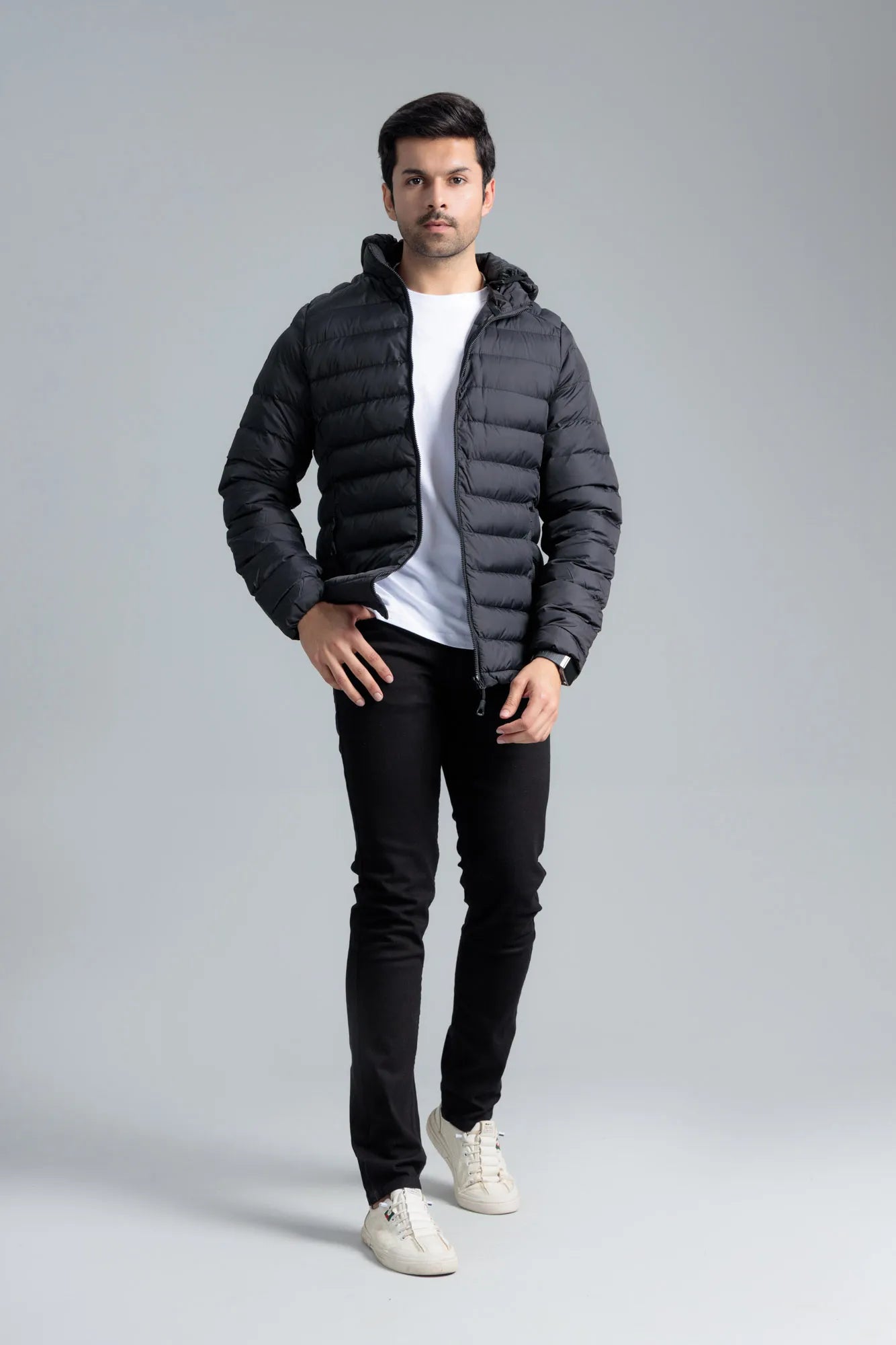 Black Men’s Puffer Jacket styled with a full casual outfit