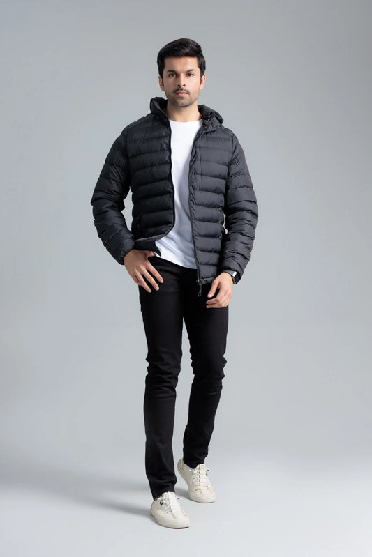 Black Men’s Puffer Jacket styled with a full casual outfit