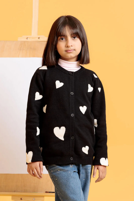 Junior Girls’ Black R-Neck Wool Cardigan