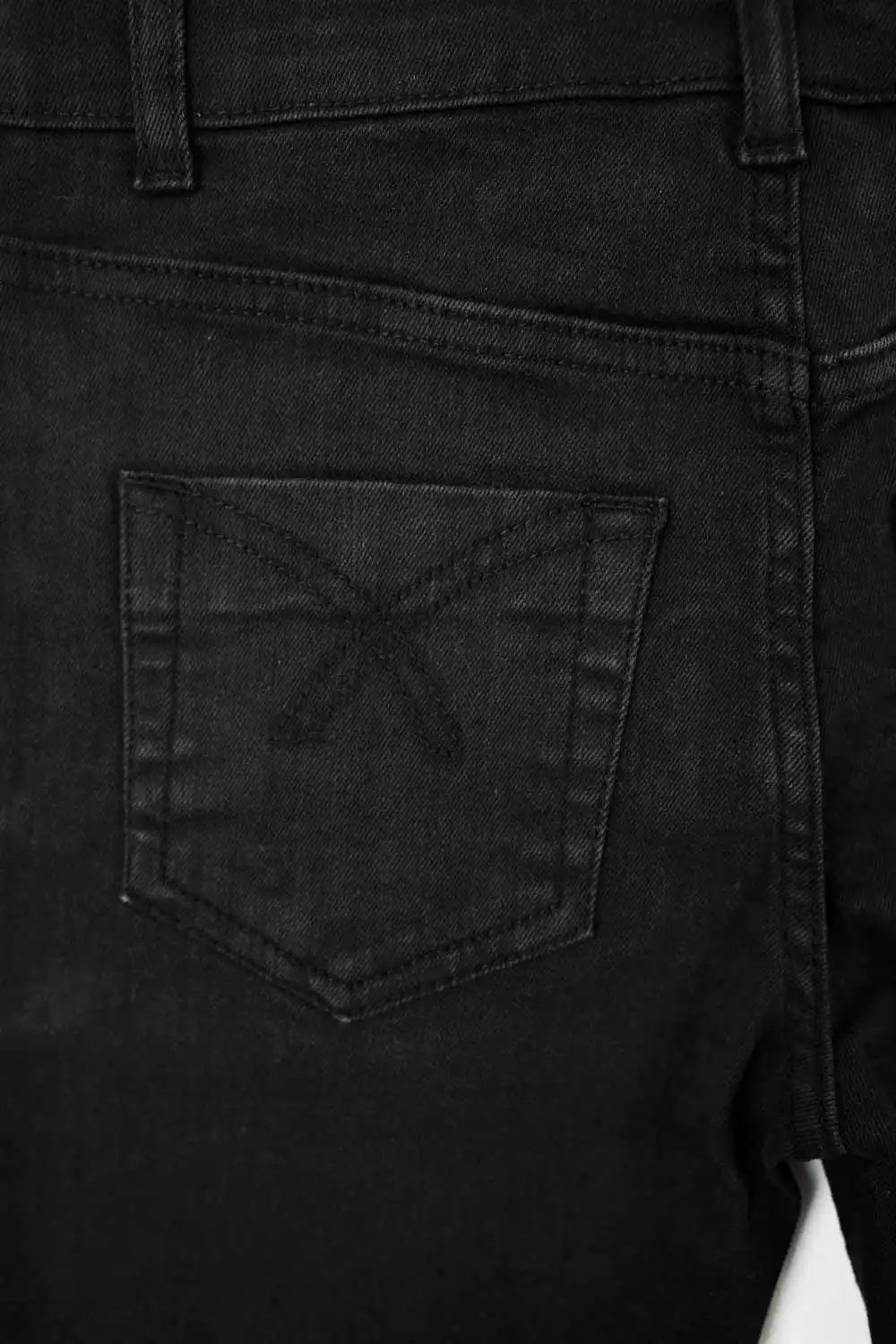 Close-up of black denim jeans with a pocket detail