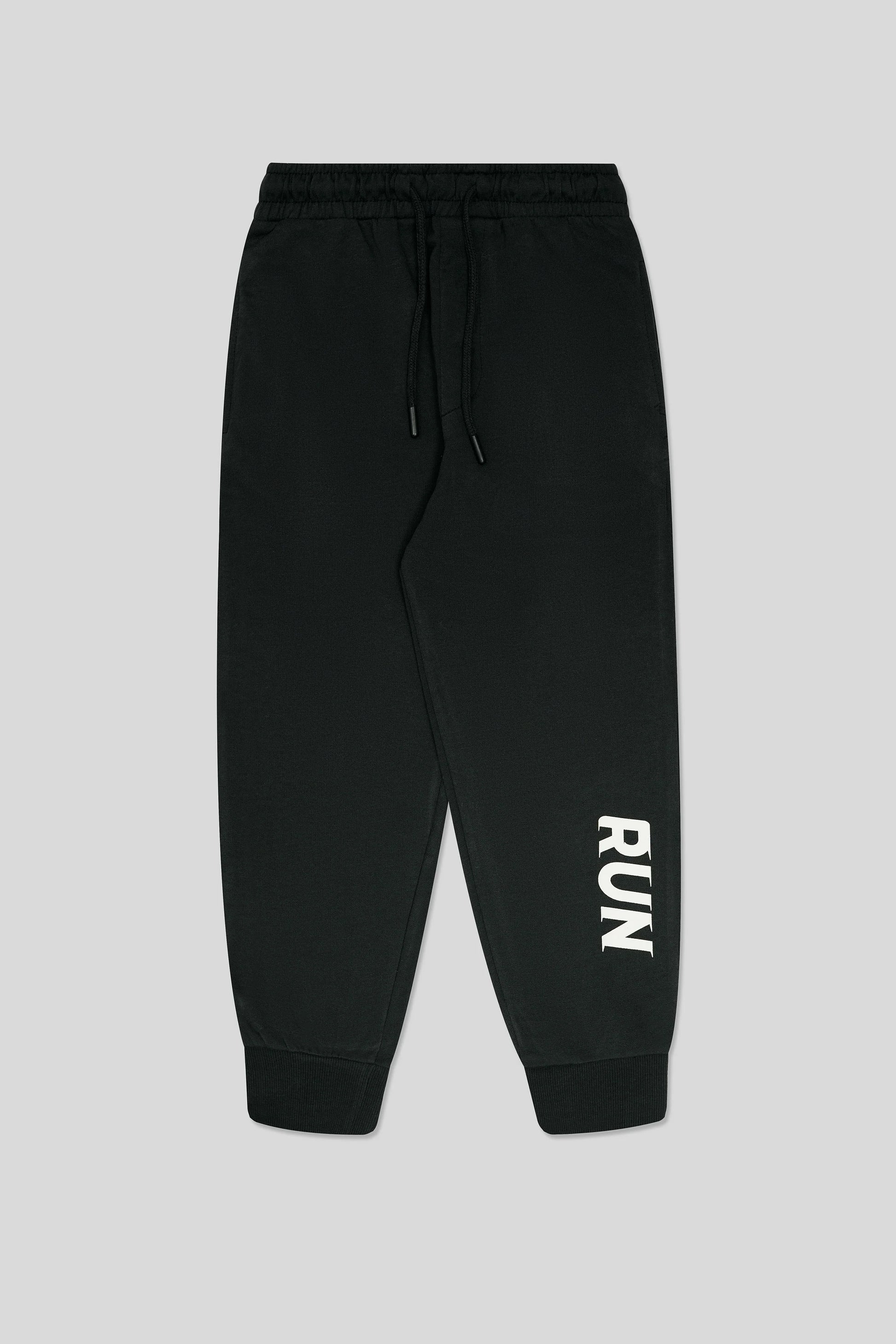 Black jogger pants with 'RUN' printed 