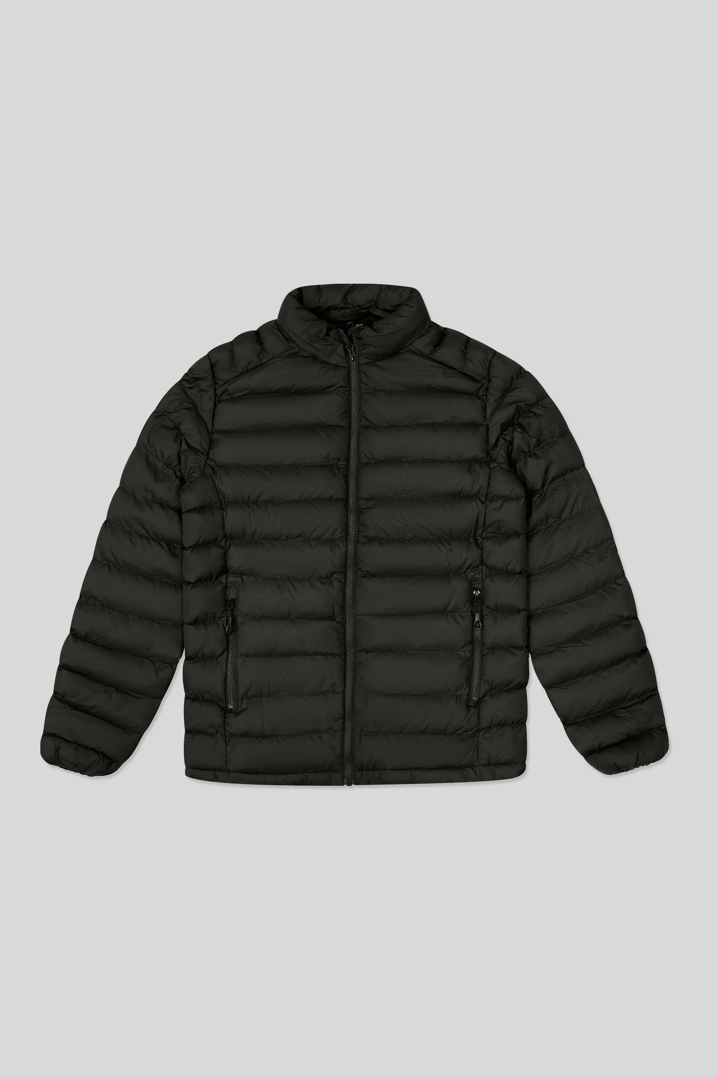 Black puffer jacket on a light gray background