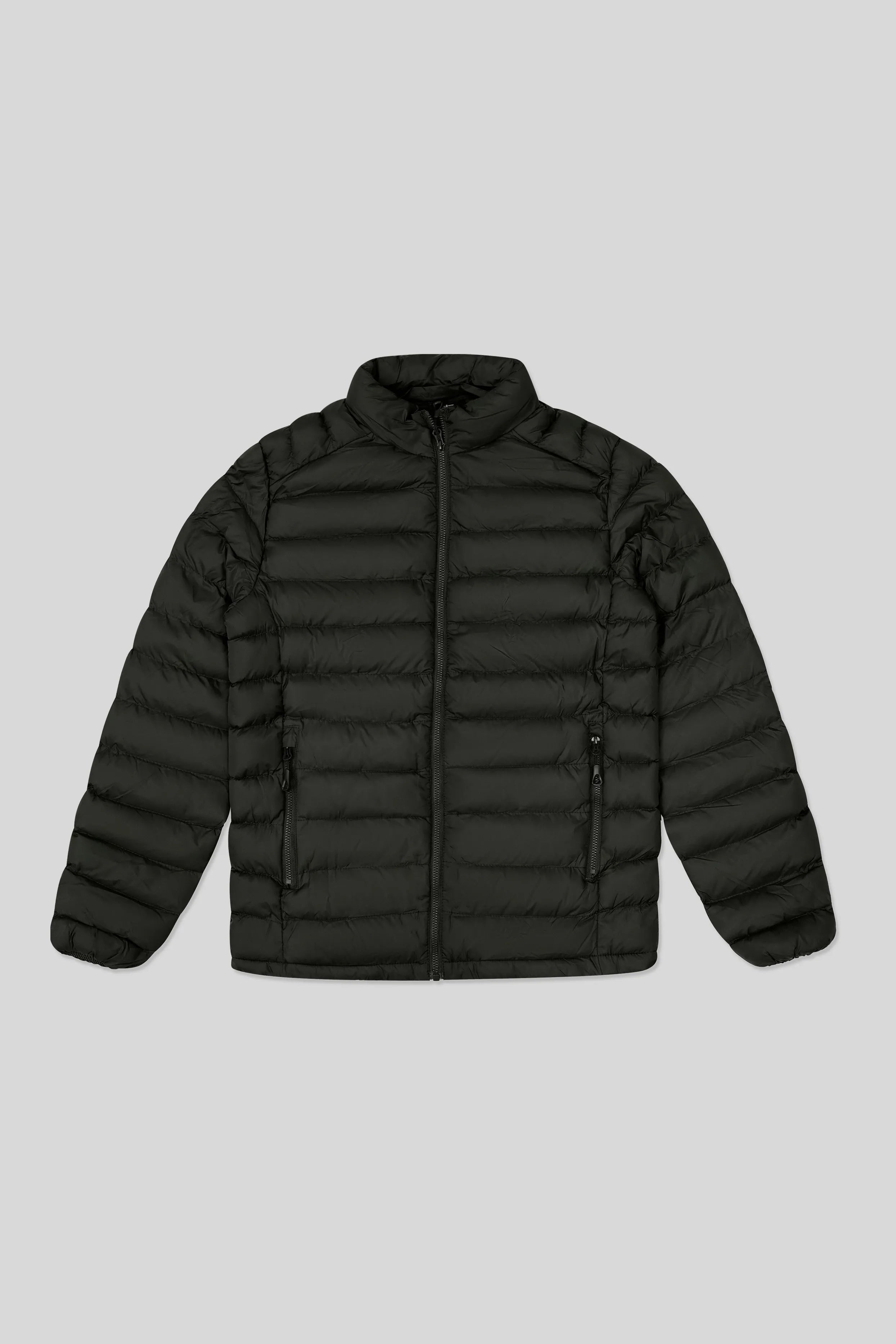 Black puffer jacket on a light gray background