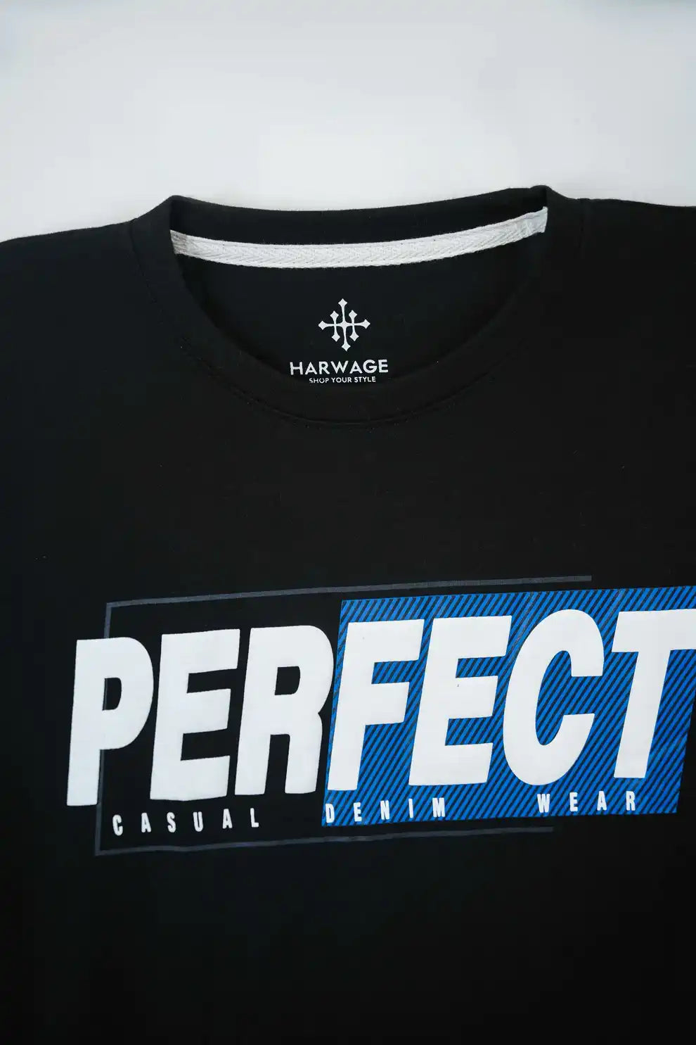 Black t-shirt with 'PERFECT' text and Harwage branding
