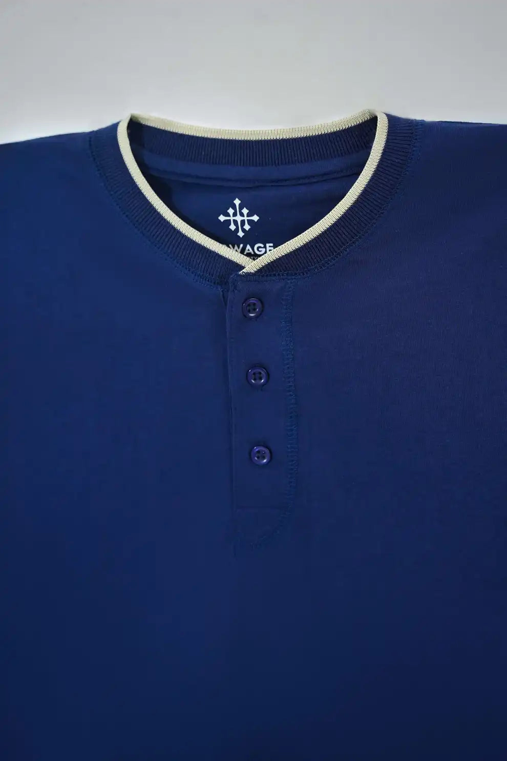 Blue Henley shirt with white collar