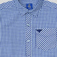 Blue and white checkered shirt with a brand logo on a light gray background