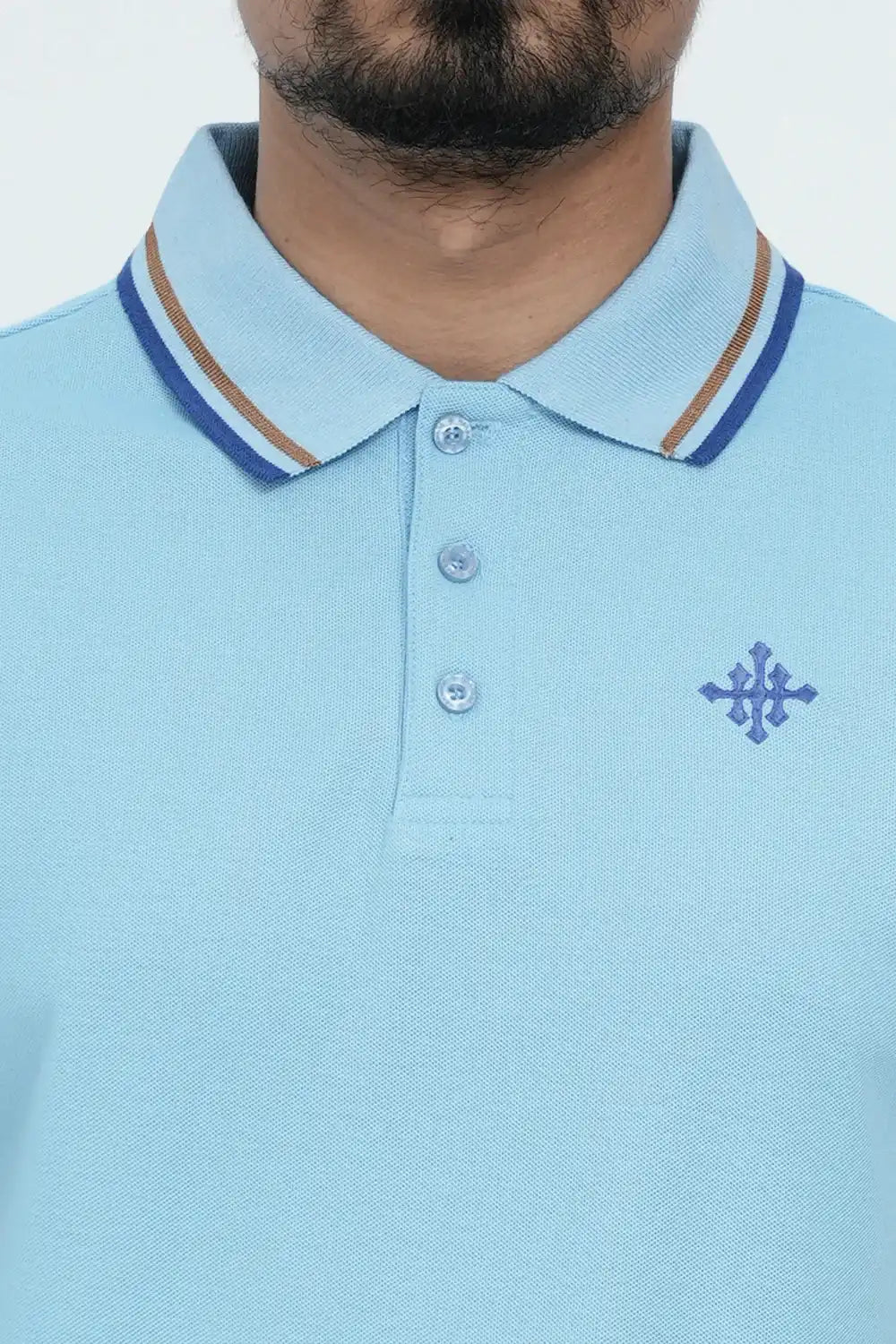 Light blue polo shirt with dark blue trim