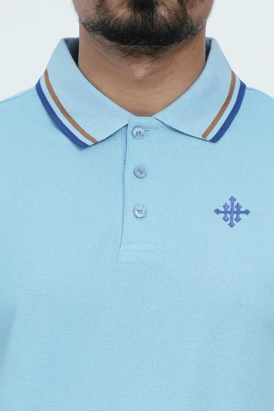 Light blue polo shirt with dark blue trim