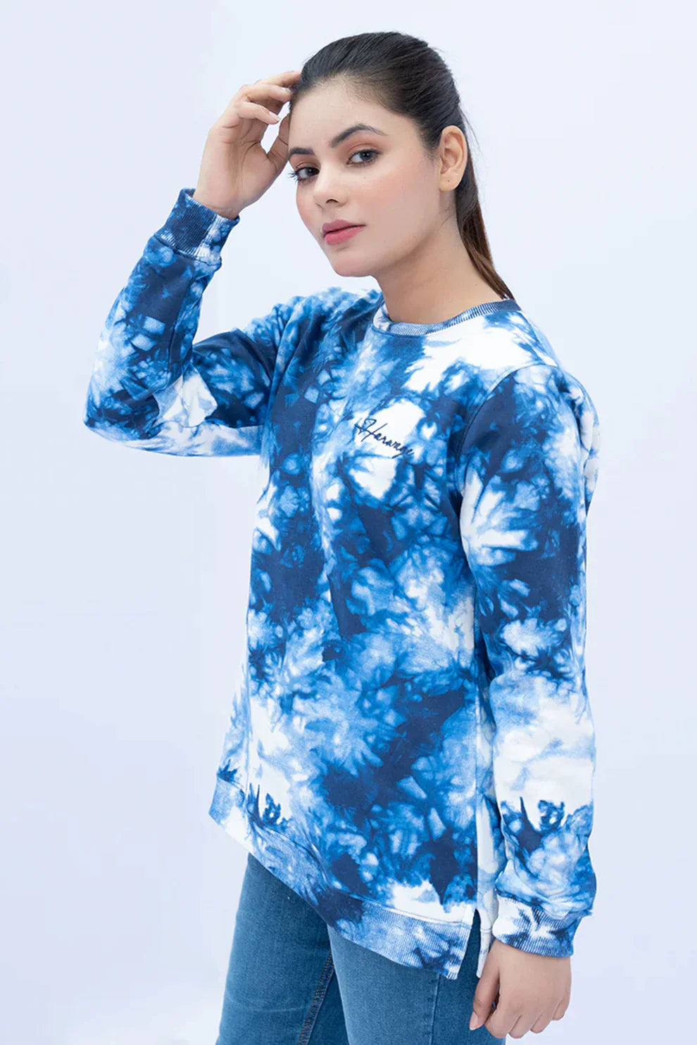 Blue tie-dye sweatshirt close up